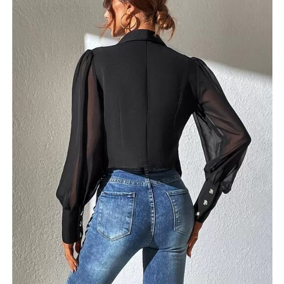 Shein Black Chiquease Contrast Mesh Bishop Sleeve Shawl Collar Blazer Large - Picture 2 of 9